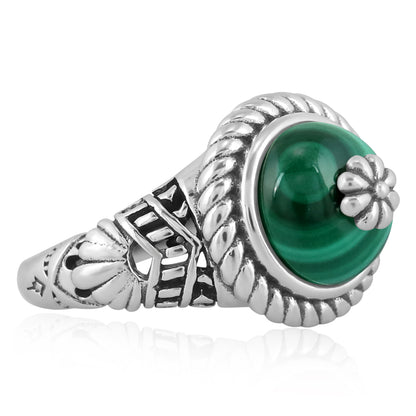 Southwestern Green Wildflower Ring-Crafted from Sterling Silver with Malachite Gemstone, Sizes 5- 10