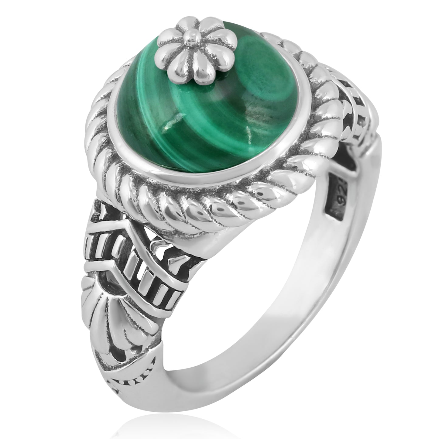 Southwestern Green Wildflower Ring-Crafted from Sterling Silver with Malachite Gemstone, Sizes 5- 10