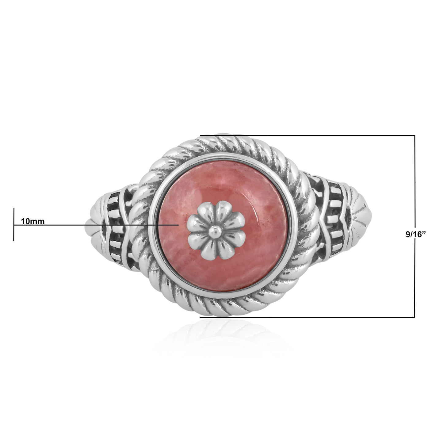 Southwestern Red Wildflower Ring-Crafted from Sterling Silver with Rhodochrosite Gemstone, Sizes 5- 10