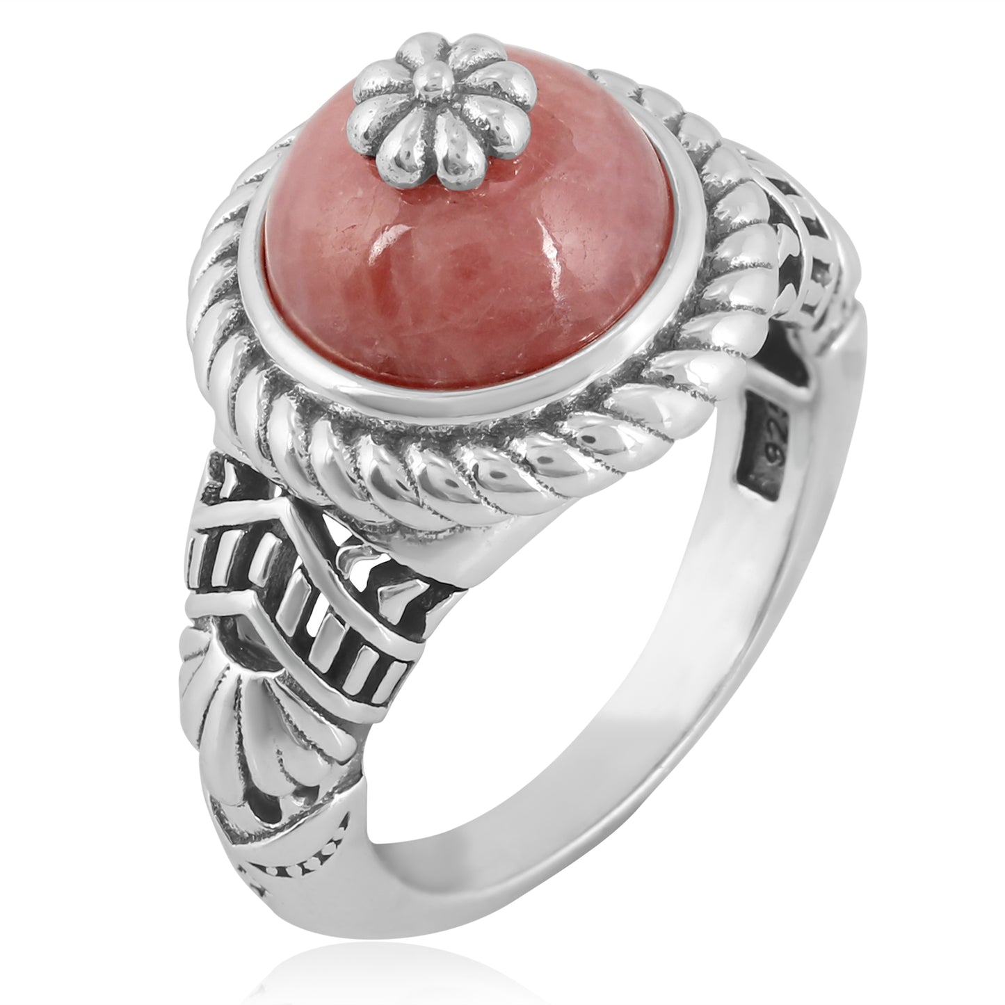 Southwestern Red Wildflower Ring-Crafted from Sterling Silver with Rhodochrosite Gemstone, Sizes 5- 10