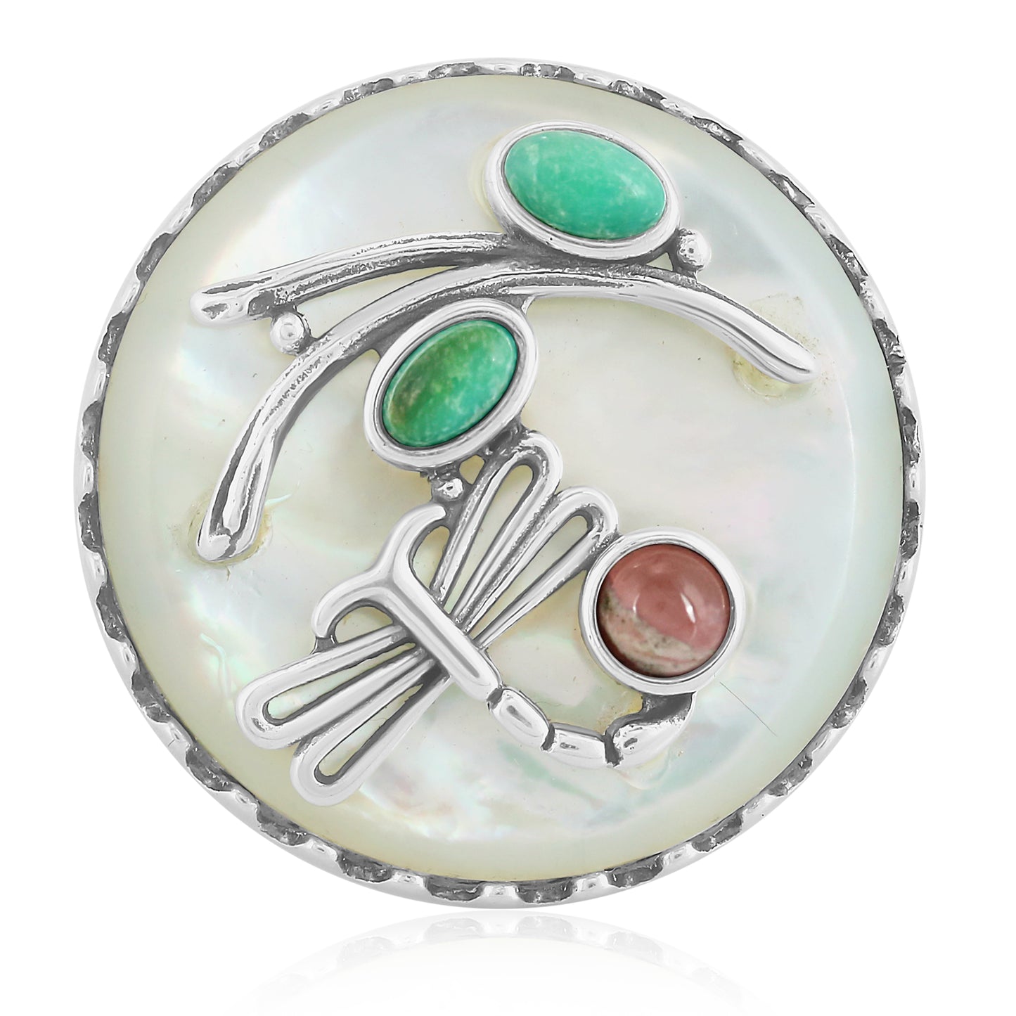 Sterling Silver White Mother of Pearl, Green Turquoise and Rhodochrosite Fritz Casuse Dragonfly Ring, Sizes 7 and 10
