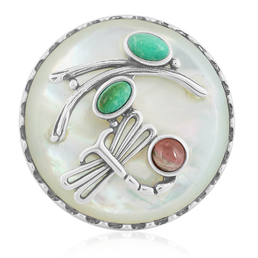 Sterling Silver White Mother of Pearl, Green Turquoise and Rhodochrosite Fritz Casuse Dragonfly Ring, Sizes 7 and 10