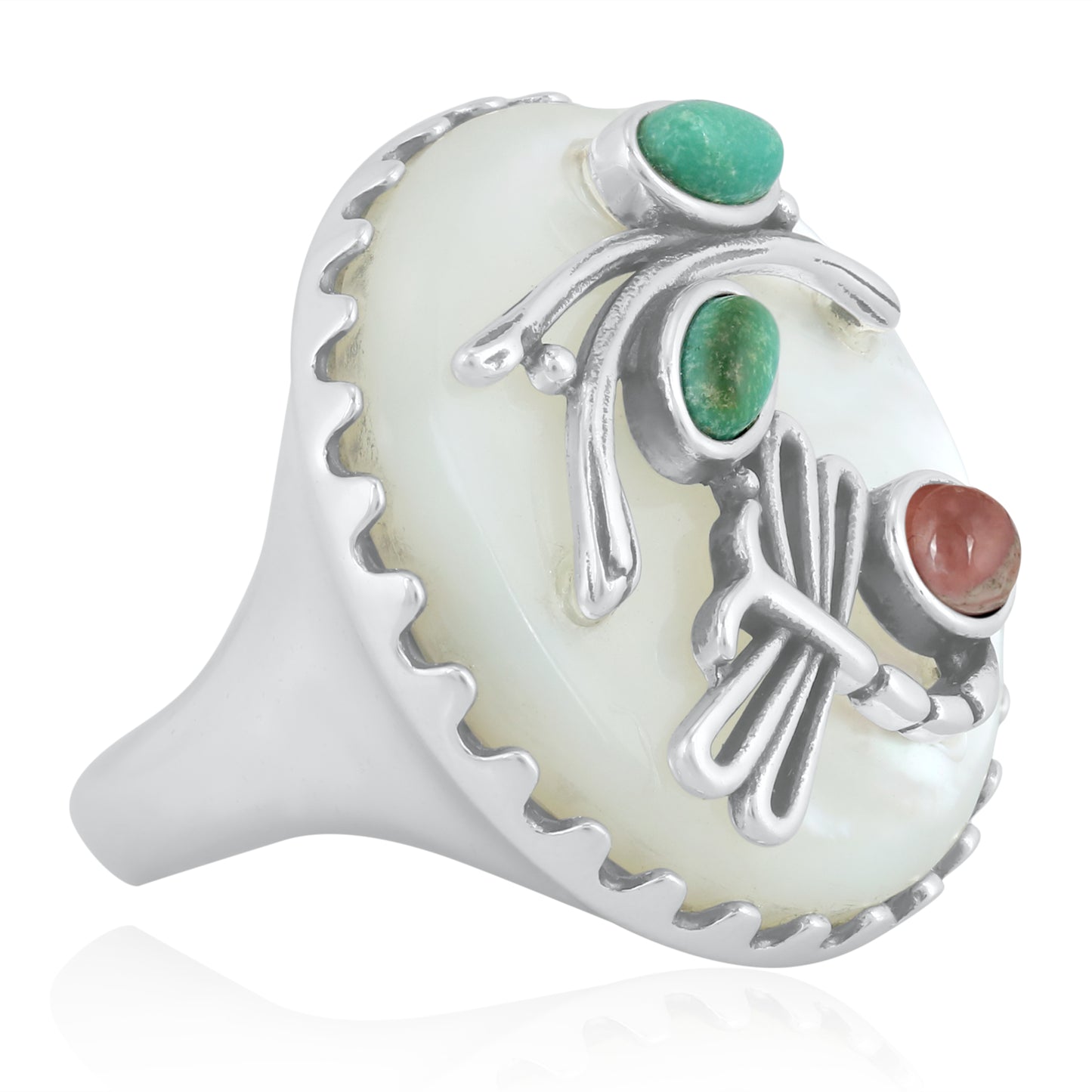 Sterling Silver White Mother of Pearl, Green Turquoise and Rhodochrosite Fritz Casuse Dragonfly Ring, Sizes 7 and 10