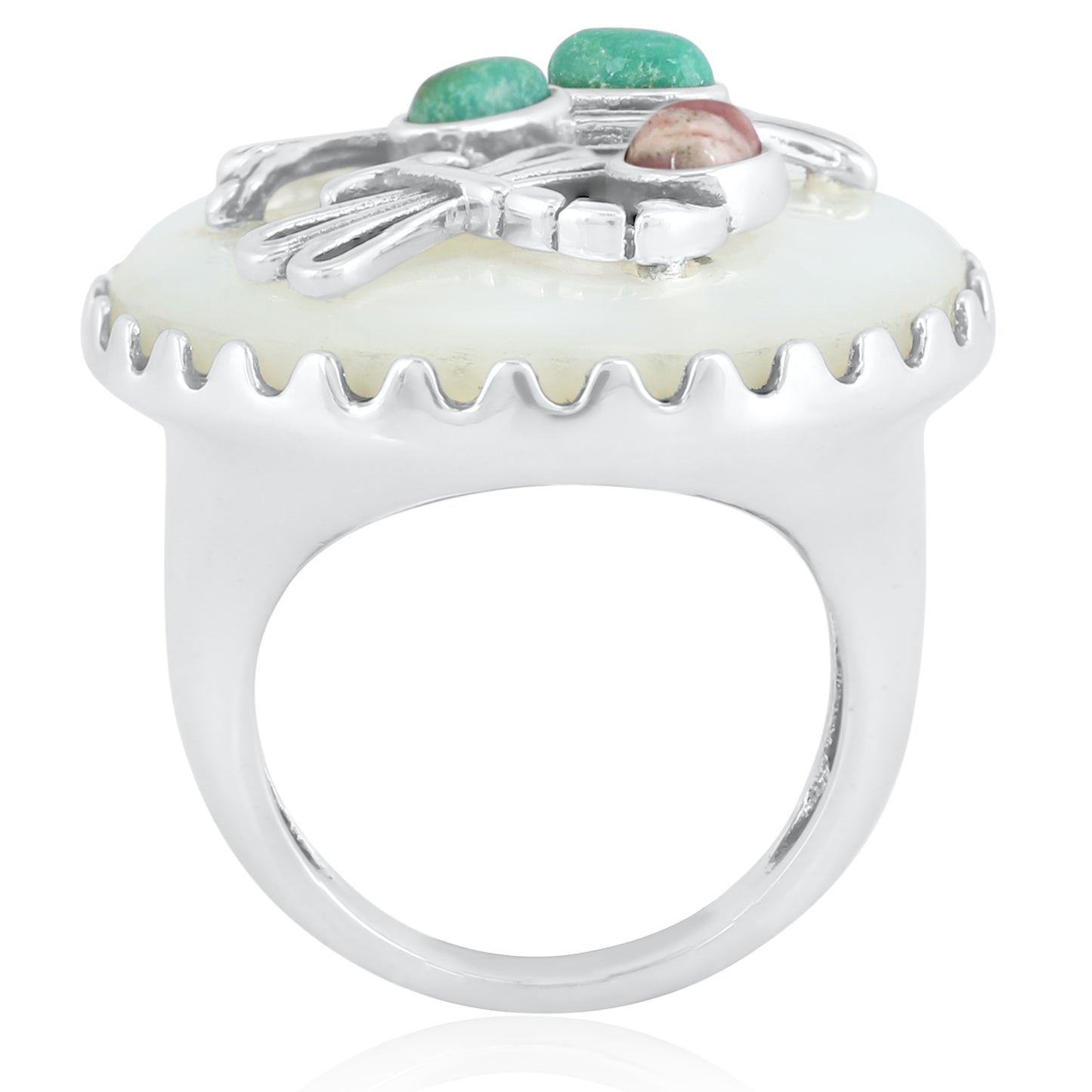 Sterling Silver White Mother of Pearl, Green Turquoise and Rhodochrosite Fritz Casuse Dragonfly Ring, Sizes 7 and 10