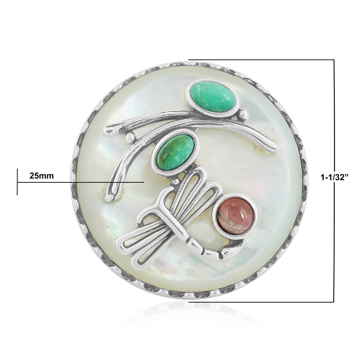 Sterling Silver White Mother of Pearl, Green Turquoise and Rhodochrosite Fritz Casuse Dragonfly Ring, Sizes 7 and 10