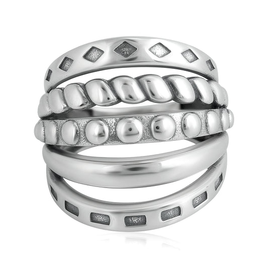 Sterling Silver Textured Five Band Ring, Sizes 5 to 11 