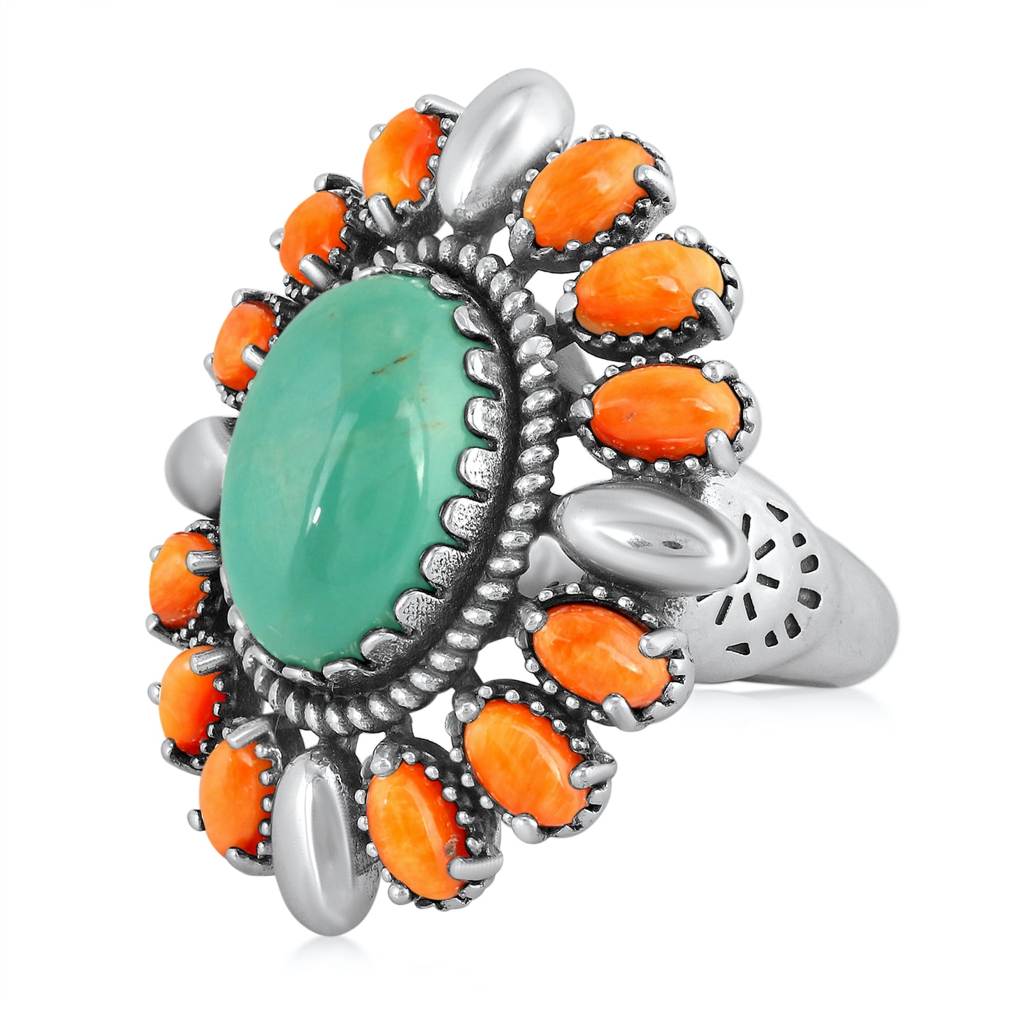 Sterling Silver Green Turquoise and Orange Spiny Oyster Oval Floral Cluster Ring, Sizes 8 to 10