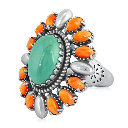 Sterling Silver Green Turquoise and Orange Spiny Oyster Oval Floral Cluster Ring, Sizes 8 to 10