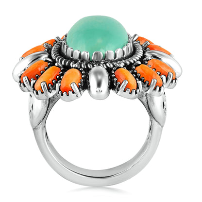 Sterling Silver Green Turquoise and Orange Spiny Oyster Oval Floral Cluster Ring, Sizes 8 to 10