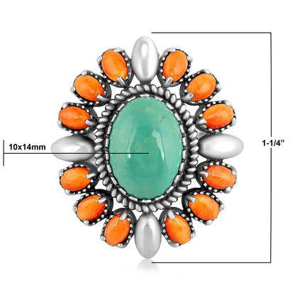 Sterling Silver Green Turquoise and Orange Spiny Oyster Oval Floral Cluster Ring, Sizes 8 to 10