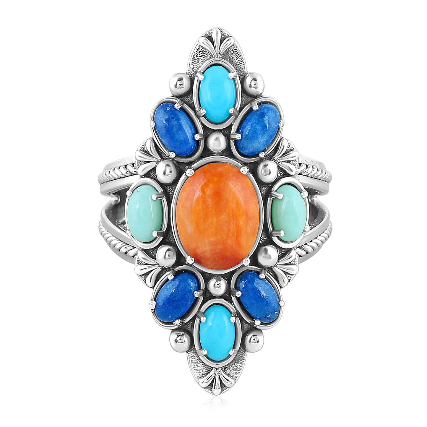Sterling Silver Orange Spiny Oyster, Lapis, Sleeping Beauty Turquoise and Variscite Santa Fe Sunrise Cluster Ring, Sizes 7 and 8