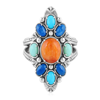 Sterling Silver Orange Spiny Oyster, Lapis, Sleeping Beauty Turquoise and Variscite Santa Fe Sunrise Cluster Ring, Sizes 7 and 8