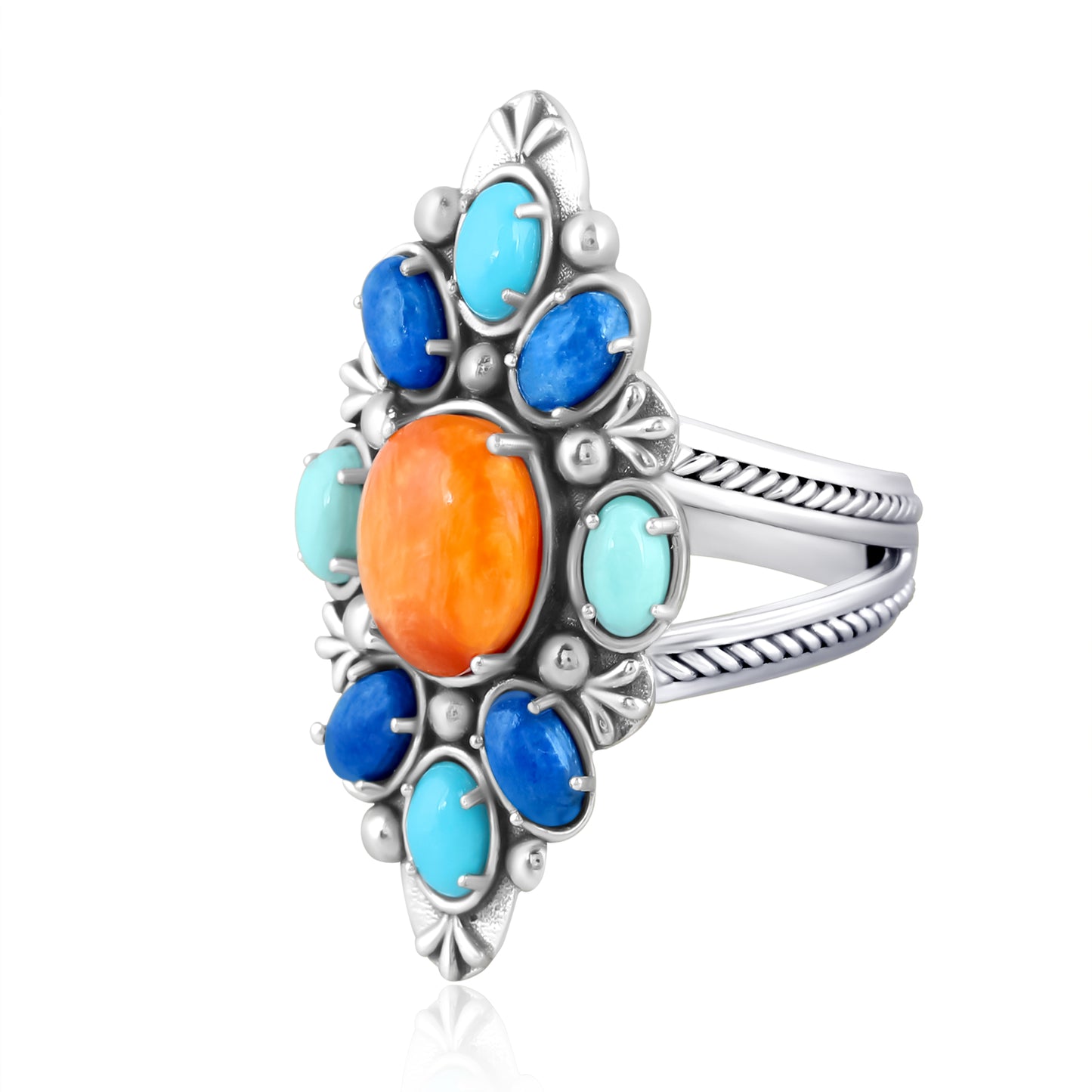 Sterling Silver Orange Spiny Oyster, Lapis, Sleeping Beauty Turquoise and Variscite Santa Fe Sunrise Cluster Ring, Sizes 7 and 8