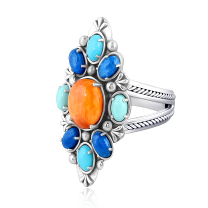 Sterling Silver Orange Spiny Oyster, Lapis, Sleeping Beauty Turquoise and Variscite Santa Fe Sunrise Cluster Ring, Sizes 7 and 8