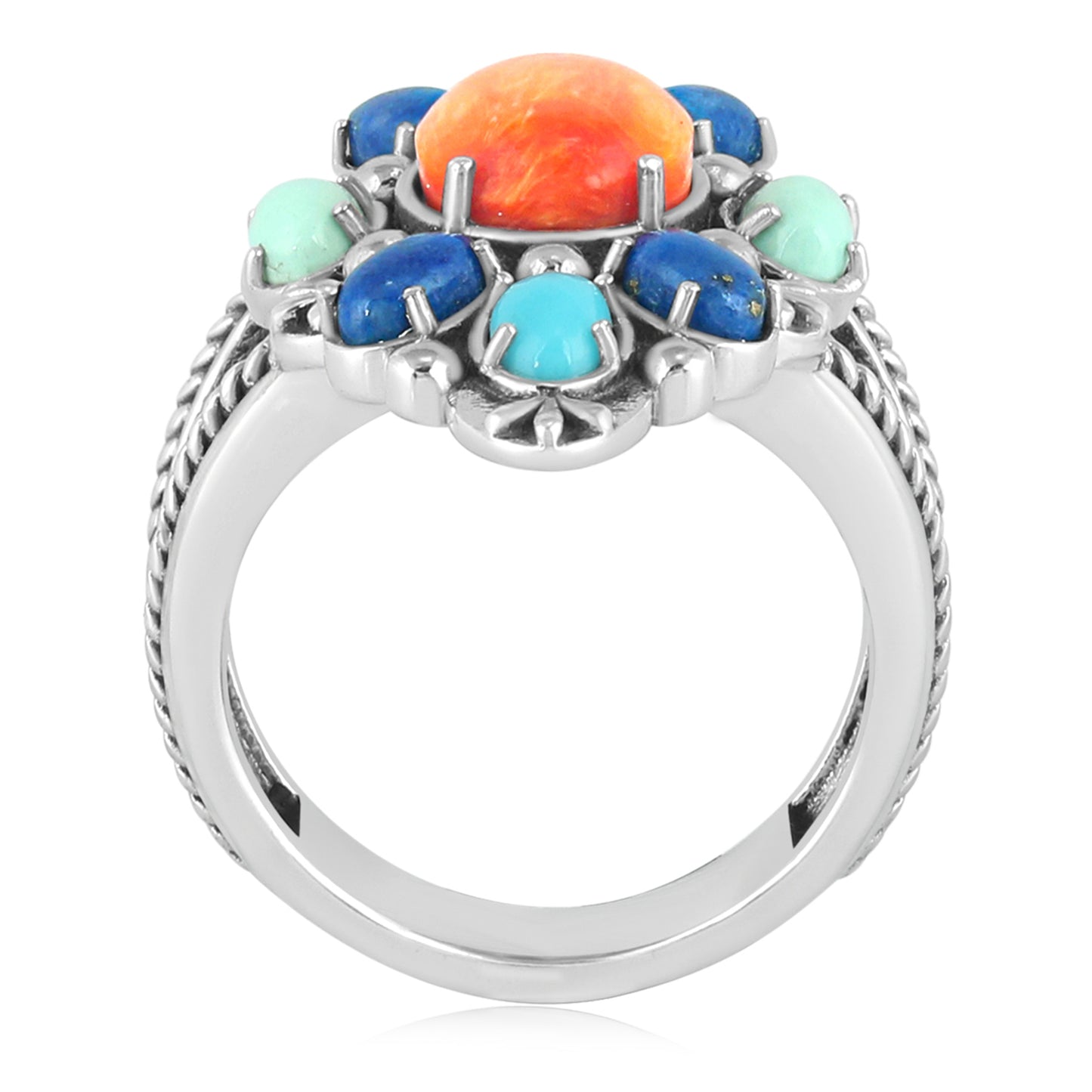 Sterling Silver Orange Spiny Oyster, Lapis, Sleeping Beauty Turquoise and Variscite Santa Fe Sunrise Cluster Ring, Sizes 7 and 8