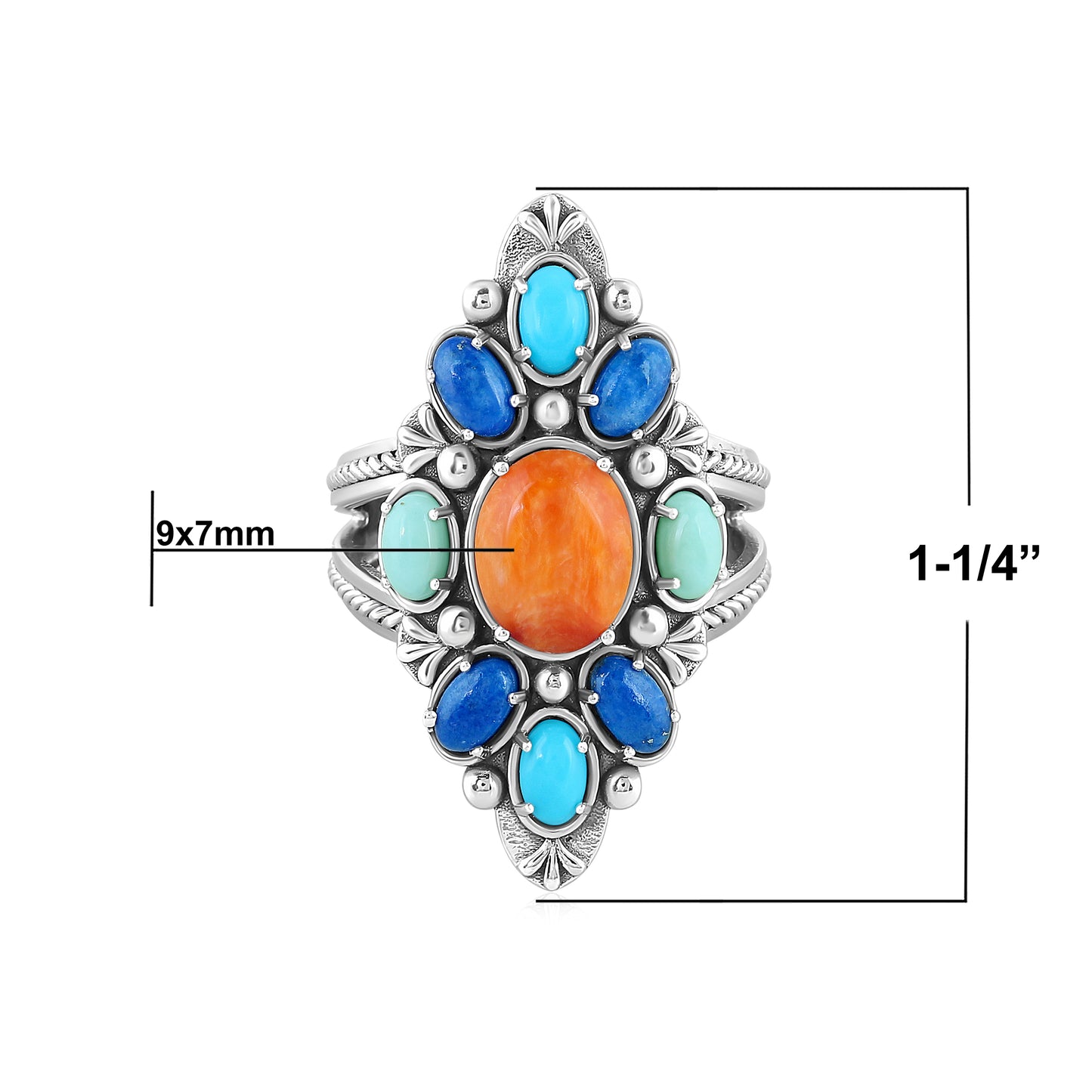 Sterling Silver Orange Spiny Oyster, Lapis, Sleeping Beauty Turquoise and Variscite Santa Fe Sunrise Cluster Ring, Sizes 7 and 8