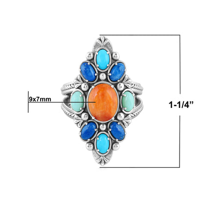 Sterling Silver Orange Spiny Oyster, Lapis, Sleeping Beauty Turquoise and Variscite Santa Fe Sunrise Cluster Ring, Sizes 7 and 8