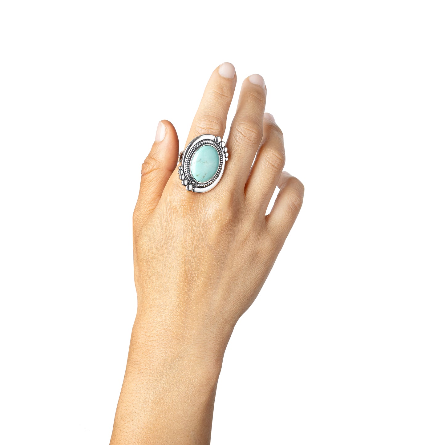 EXCLUSIVELY OURS! Sterling Silver Kingman Turquoise Oval Beaded Ring, Sizes 5 to 11