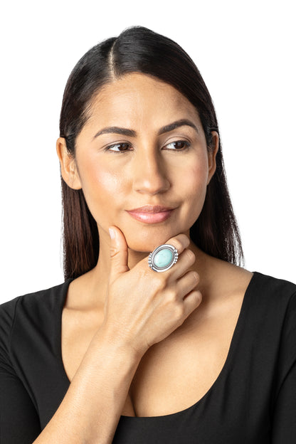 EXCLUSIVELY OURS! Sterling Silver Kingman Turquoise Oval Beaded Ring, Sizes 5 to 11