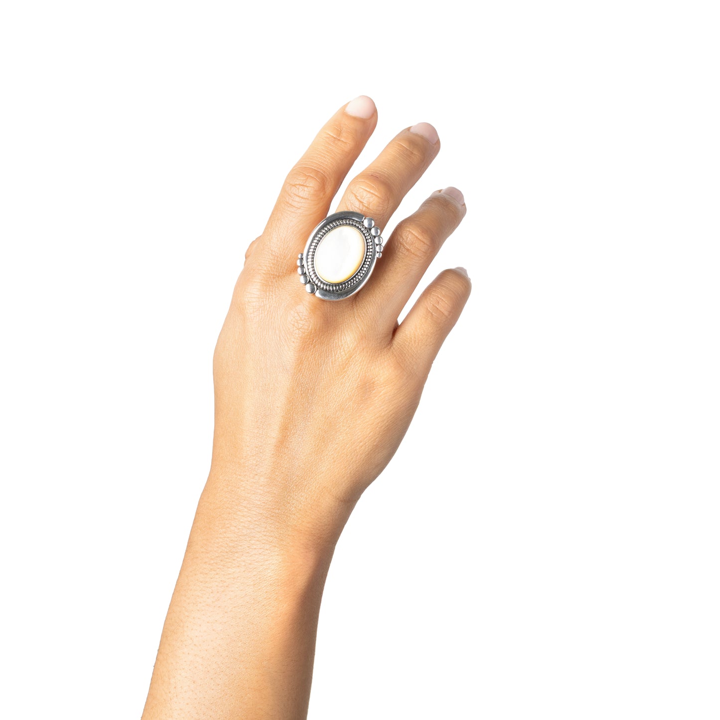EXCLUSIVELY OURS! Sterling Silver White Mother of Pearl Oval Beaded Ring, Sizes 5 to 11