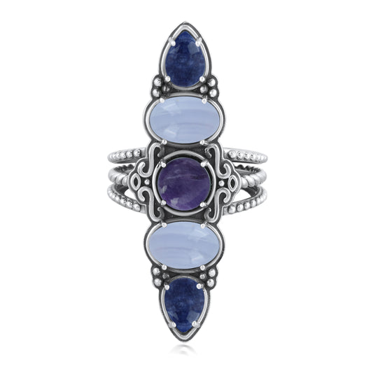 Sterling Silver Blue Lace Agate, Sodalite and Charoite Elongated Ring, Sizes 6 to 11