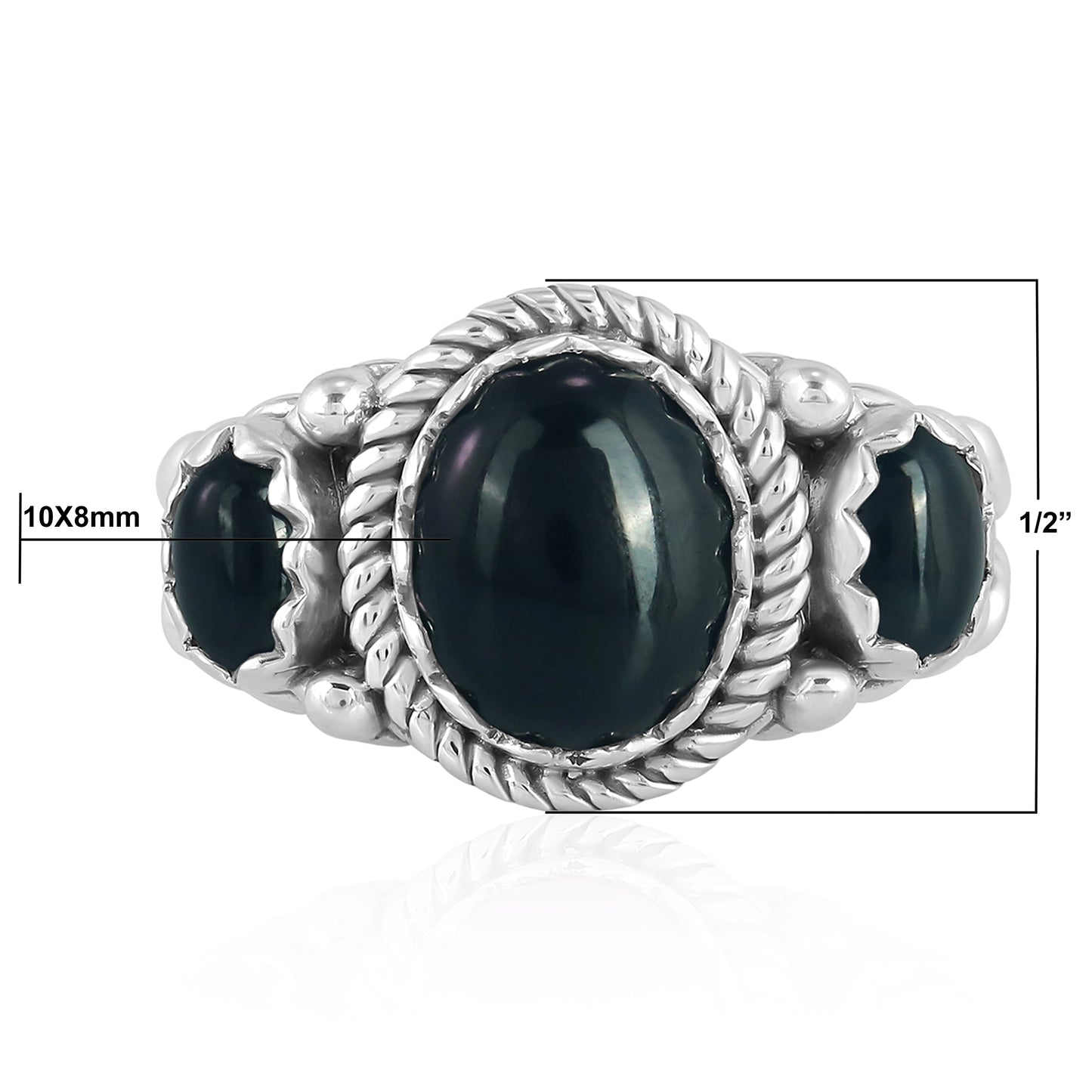 Sterling Silver Black Agate 3-Stone Ring, Sizes 5 to 11