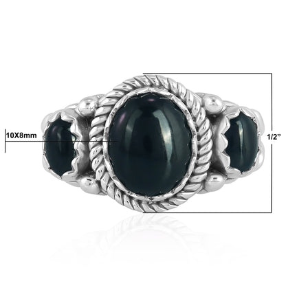 Sterling Silver Black Agate 3-Stone Ring, Sizes 5 to 11