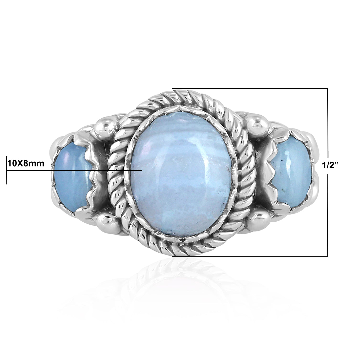 Sterling Silver Blue Lace Agate 3-Stone Ring, Sizes 5 to 11