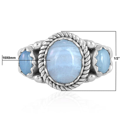 Sterling Silver Blue Lace Agate 3-Stone Ring, Sizes 5 to 11