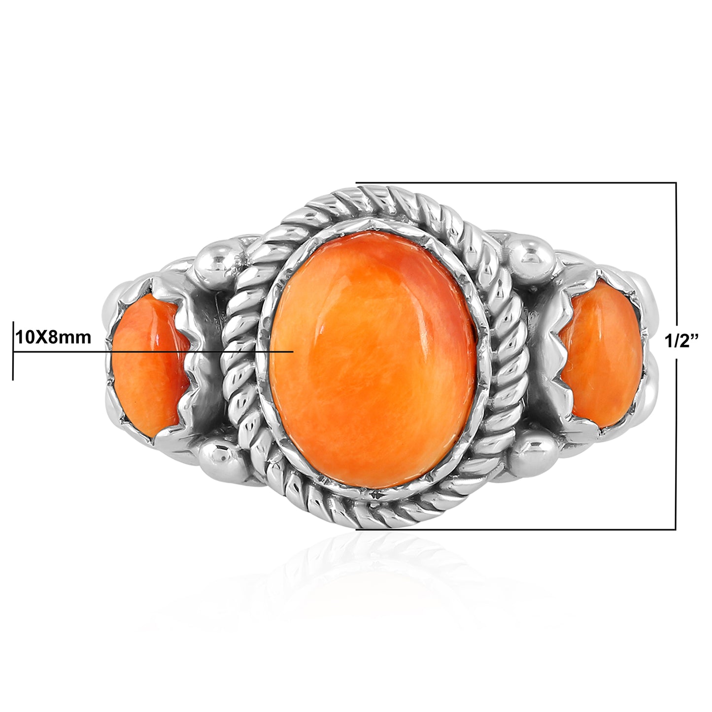 Sterling Silver Orange Spiny 3-Stone Ring, Sizes 5 to 10