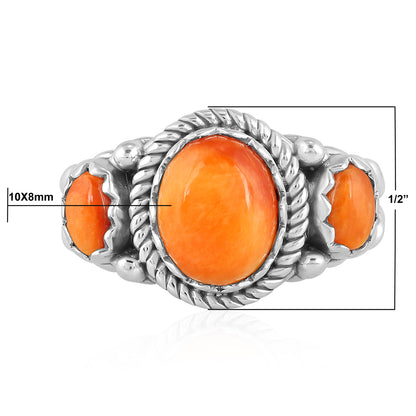 Sterling Silver Orange Spiny 3-Stone Ring, Sizes 5 to 10