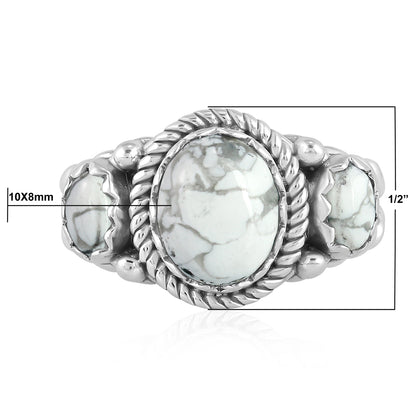 Sterling Silver White Howlite 3-Stone Ring, Sizes 5 to 11