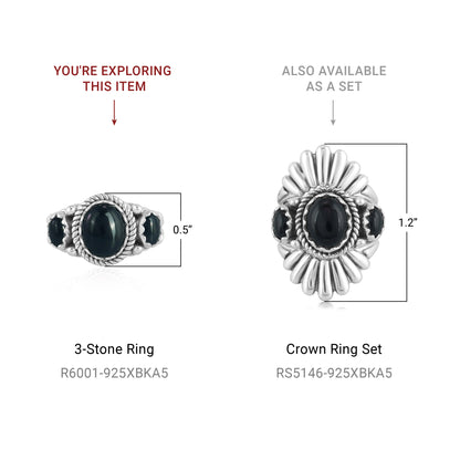 Sterling Silver Black Agate 3-Stone Ring, Sizes 5 to 11