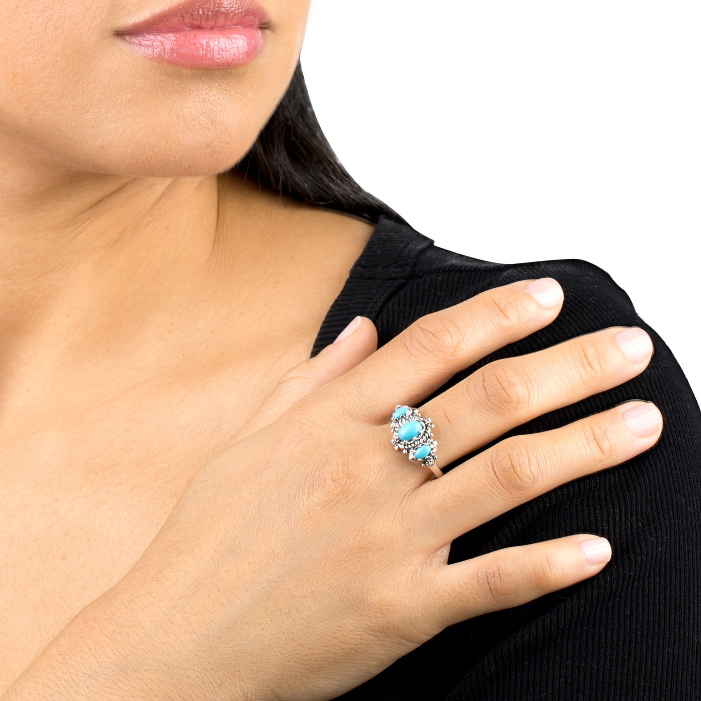 EXCLUSIVELY OURS! Sterling Silver Sleeping Beauty Turquoise 3-Stone Oval Scalloped Bezel Ring, Sizes 5 to 10