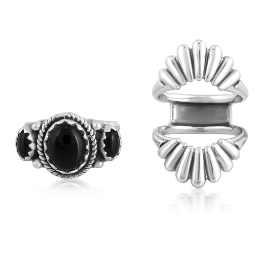 Southwestern Sterling Silver with Black Agate Gemstone Crown Design Ring, Sizes 5-10