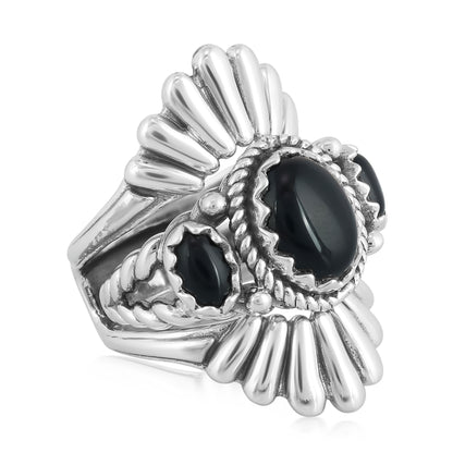 Southwestern Sterling Silver with Black Agate Gemstone Crown Design Ring, Sizes 5-10