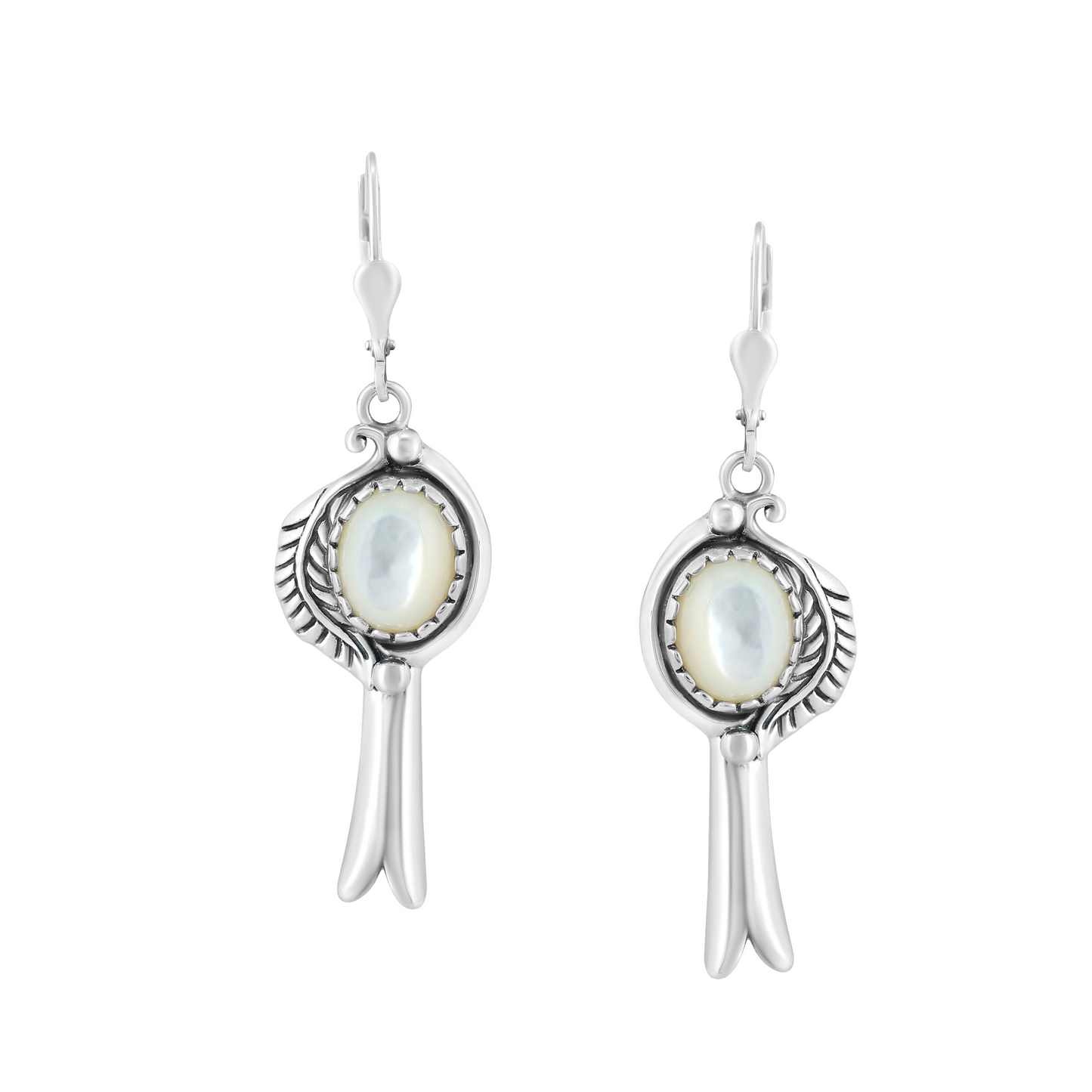 EXCLUSIVELY OURS! Sterling Silver with White Mother of Pearl Gemstone Leaf and Squash Blossom Design Women's Drop and Dangle Earrings