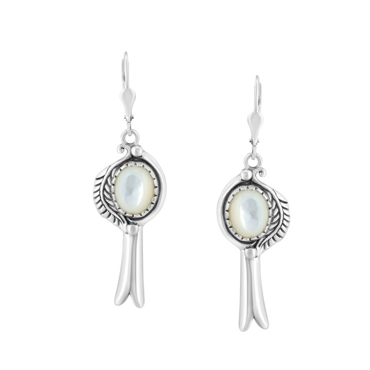 EXCLUSIVELY OURS! Sterling Silver with White Mother of Pearl Gemstone Leaf and Squash Blossom Design Women's Drop and Dangle Earrings