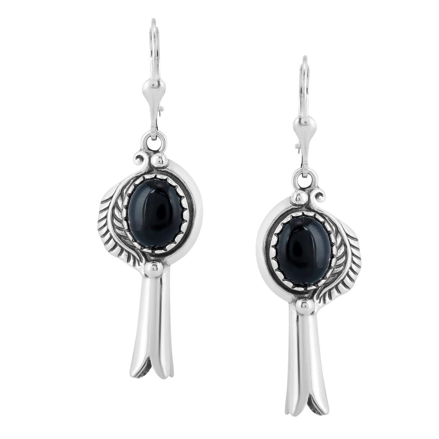 EXCLUSIVELY OURS! Sterling Silver with Black Agate Gemstone Leaf and Squash Blossom Design Women's Drop and Dangle Earrings