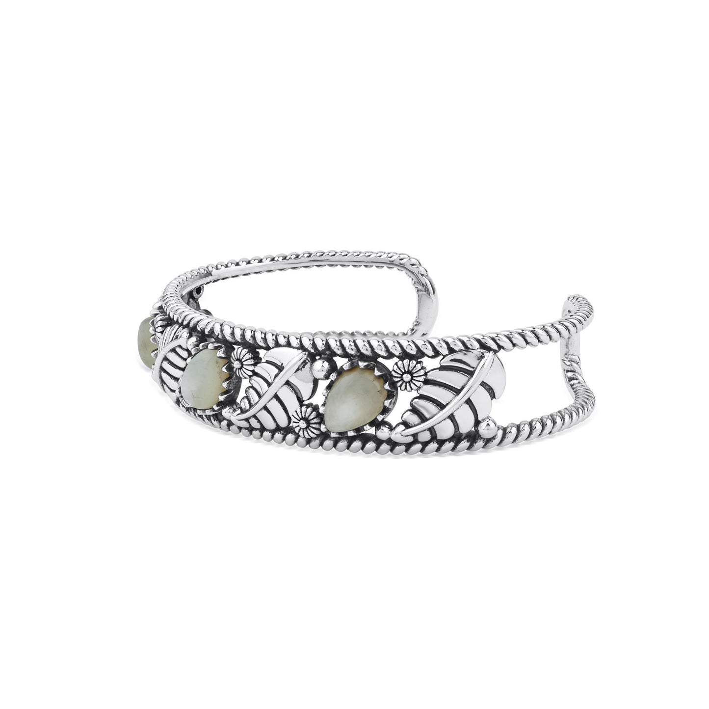  Sterling Silver White Mother of Pearl Oval and Pear Leaf Cuff Bracelet