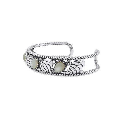 Sterling Silver White Mother of Pearl Oval and Pear Leaf Cuff Bracelet