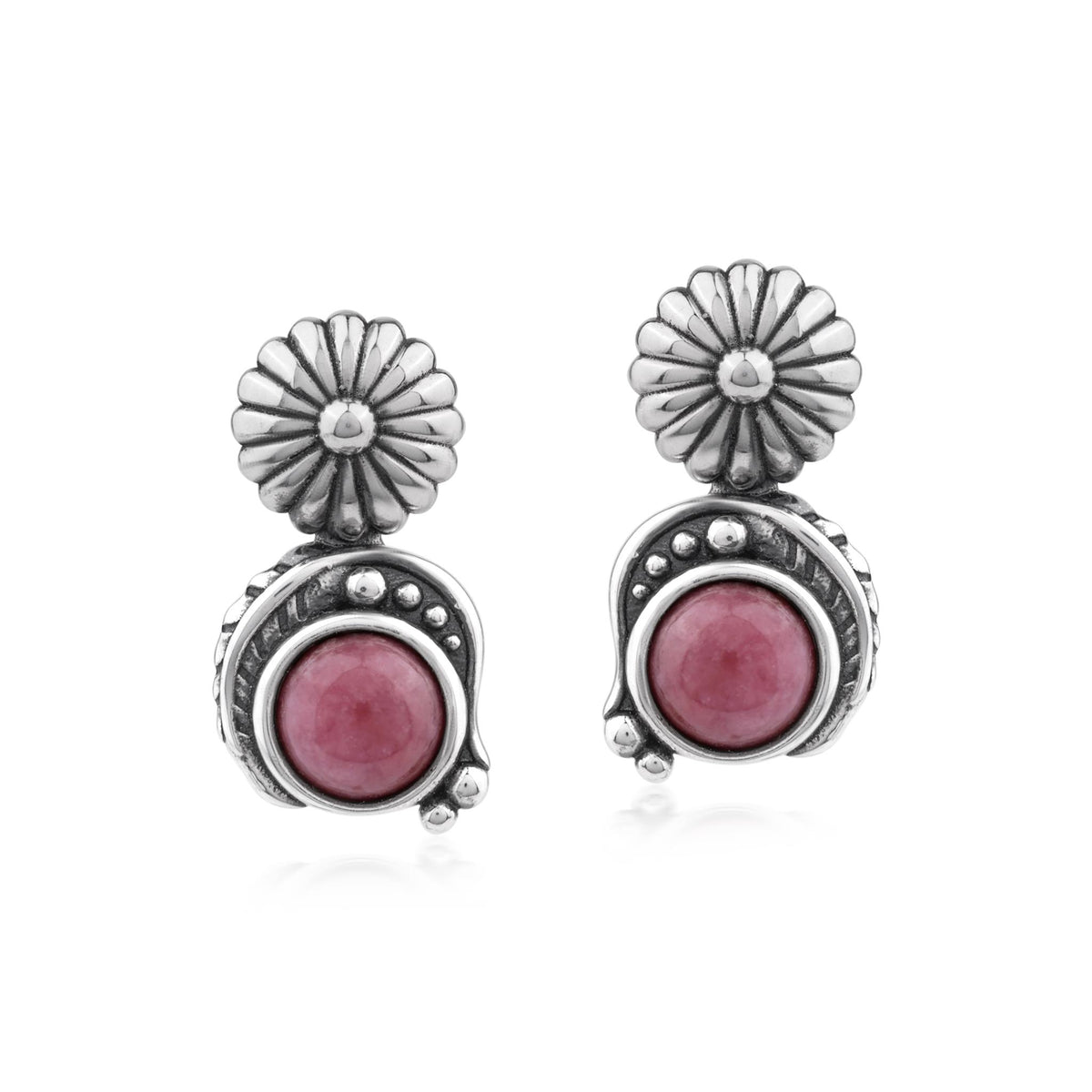 Sterling Silver Rhodonite Leaf and Concha Gemstone Post Earrings