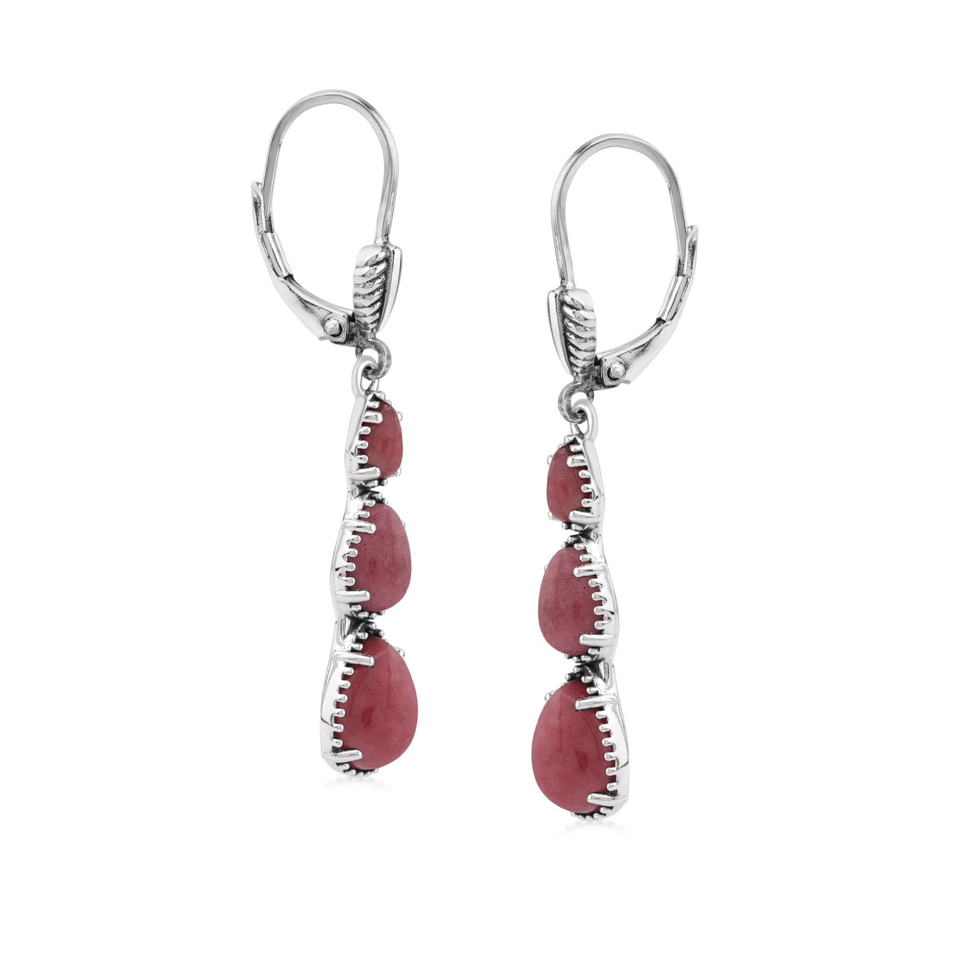  Sterling Silver Rhodonite 3-Pear Drop Lever Back Earrings