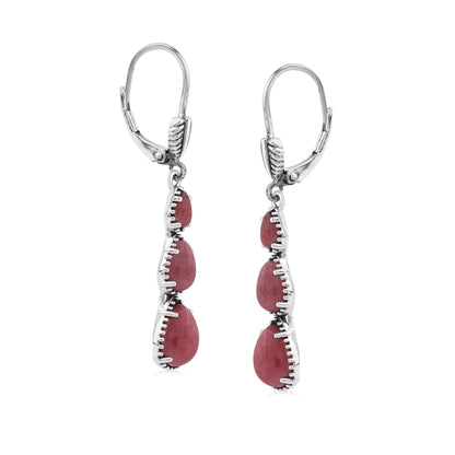  Sterling Silver Rhodonite 3-Pear Drop Lever Back Earrings