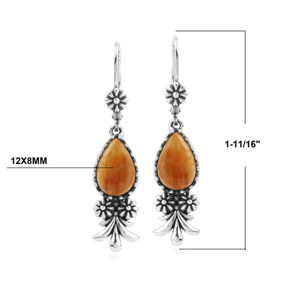 Sterling Silver Orange Spiny Oyster Teardrop Concha Squash Blossom Dangle Earrings