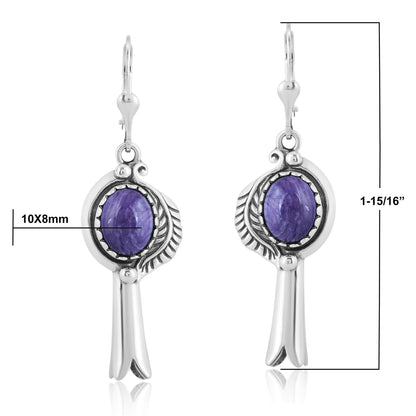 EXCLUSIVELY OURS! Sterling Silver Charoite Leaf and Squash Blossom Design Dangle Earrings