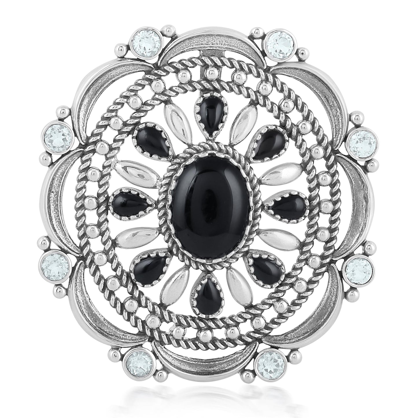 Sterling Silver Black Agate and White Topaz Oval Statement Pendant Enhancer