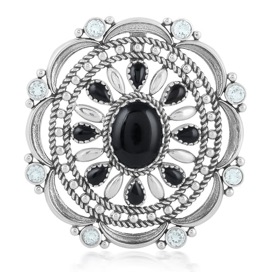Sterling Silver Black Agate and White Topaz Oval Statement Pendant Enhancer