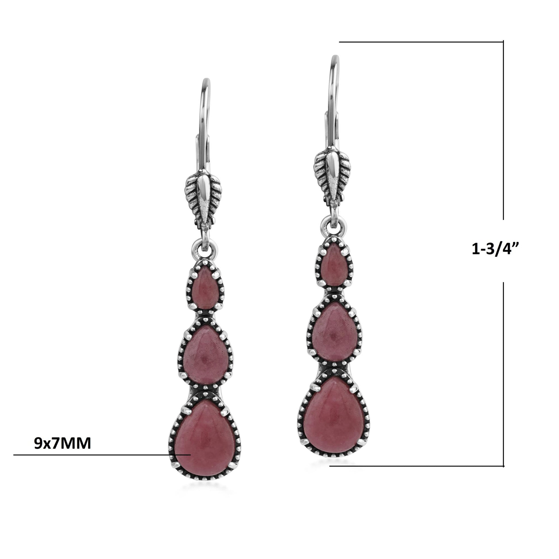  Sterling Silver Rhodonite 3-Pear Drop Lever Back Earrings