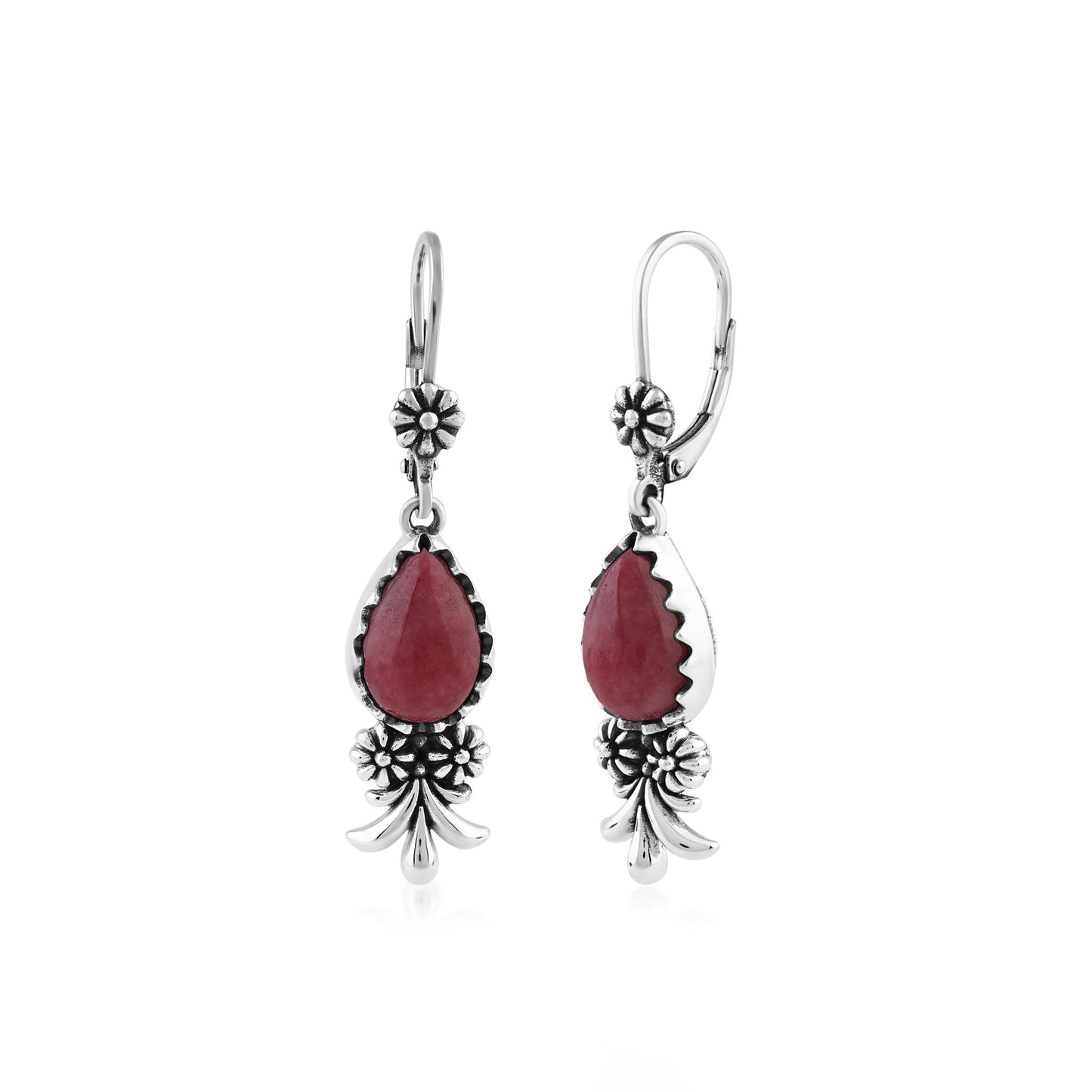  Sterling Silver Rhodonite Teardrop Concha Squash Blossom Dangle Earrings